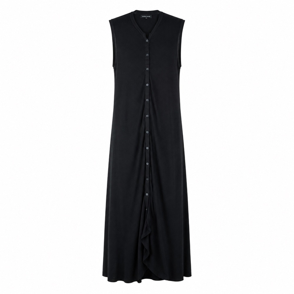 Eileen Fisher Womens Maxi Dress S Black Jersey Hi-Low Quiet Luxury Sleeveless